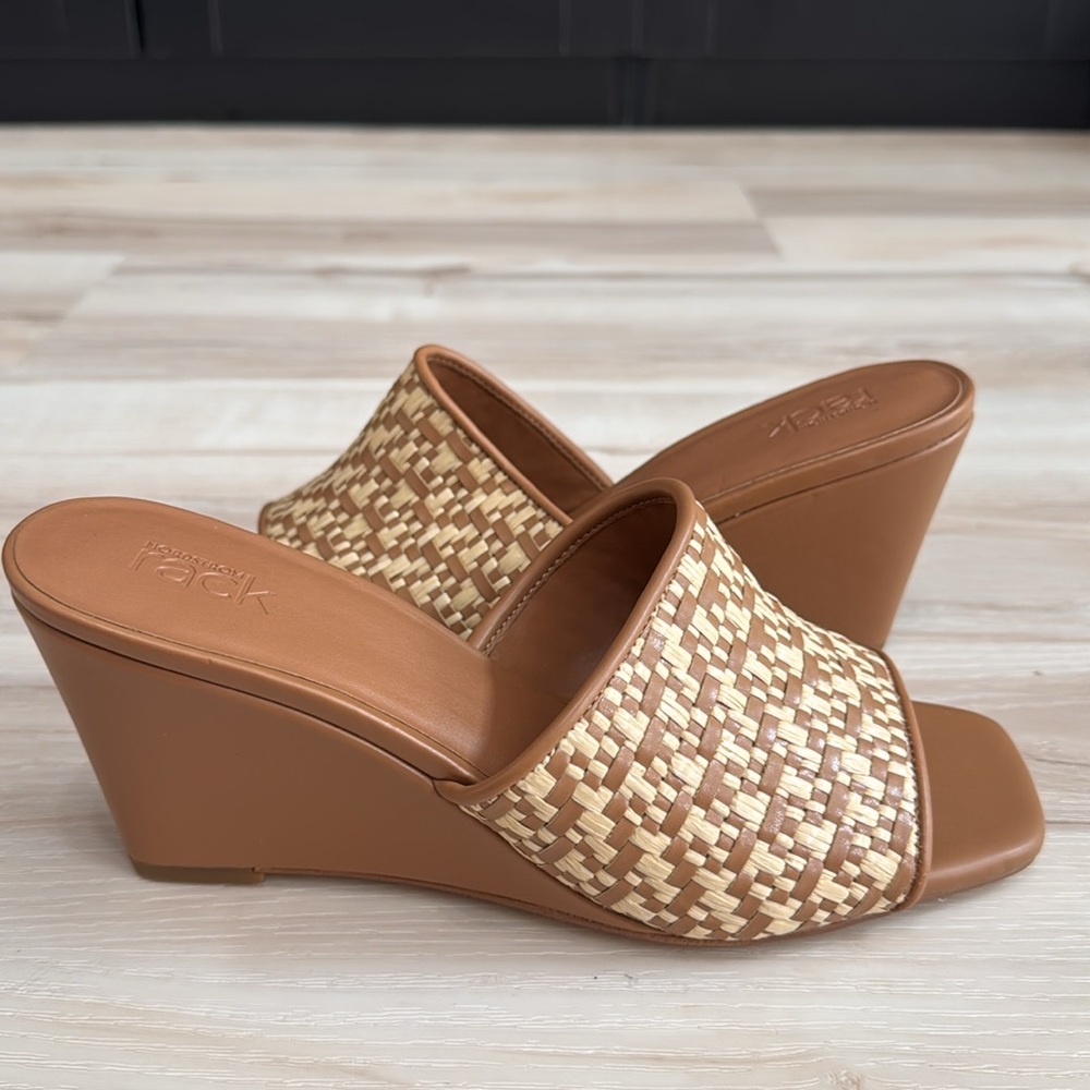 Nordstrom Fatima Wedge Sandal Raffia Slide Mule Heels Tan 8.5 NWT - Picture 2 of 7